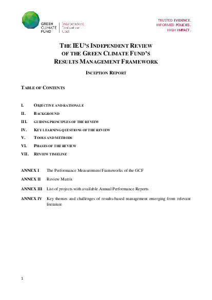 Document cover for Inception Report for the Independent Review of the Green Climate Fund’s Results Management Framework