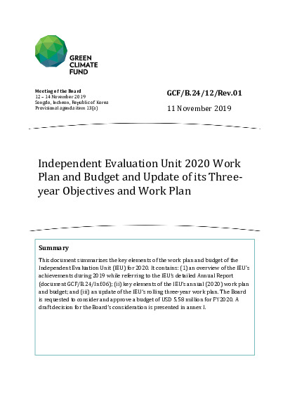 Document cover for IEU Work Plan and Budget for 2020