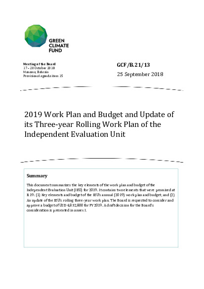 Document cover for IEU Work Plan and Budget for 2019