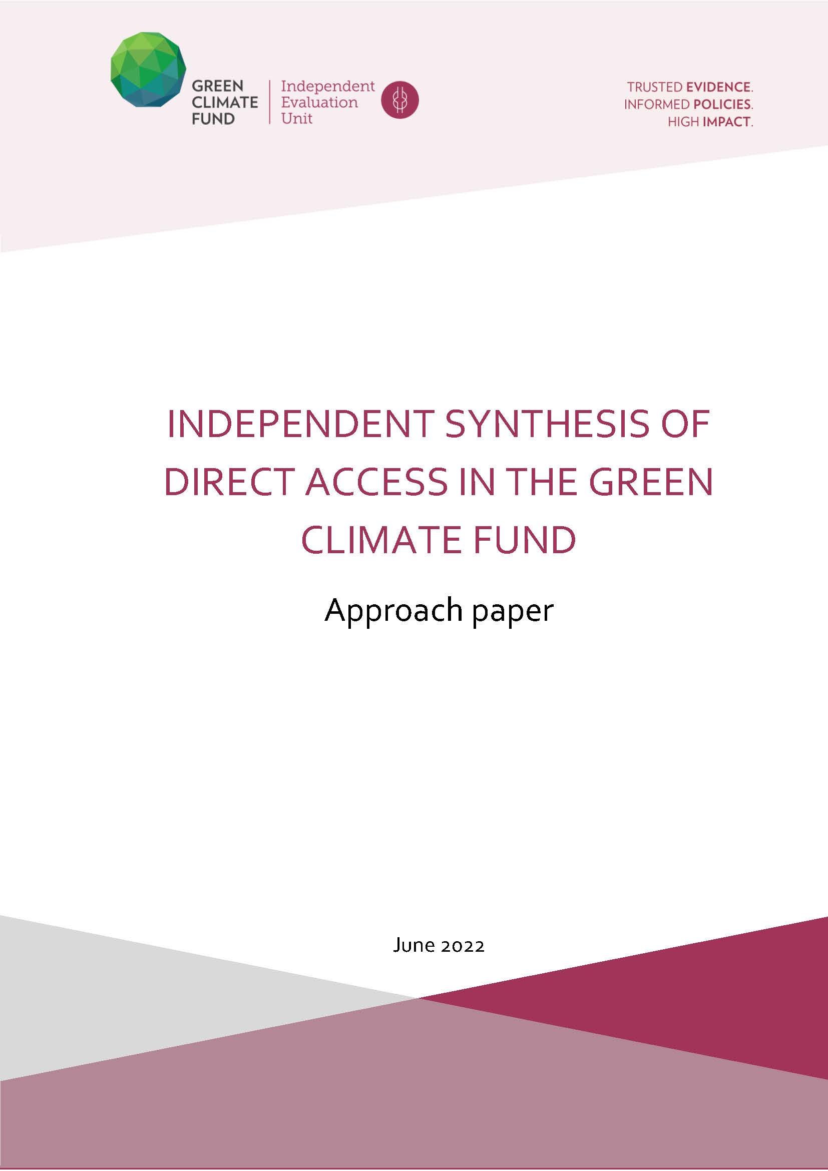 Document cover for Approach paper for the Independent Synthesis of Direct Access in the Green Climate Fund