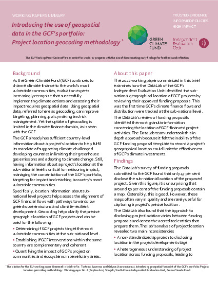 Document cover for Working Paper Summary: Introducing the use of geospatial data in the GCF’s portfolio: Project location geocoding methodology