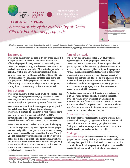 Document cover for Learning Paper Summary: A second study of the evaluability of Green Climate Fund funding proposals
