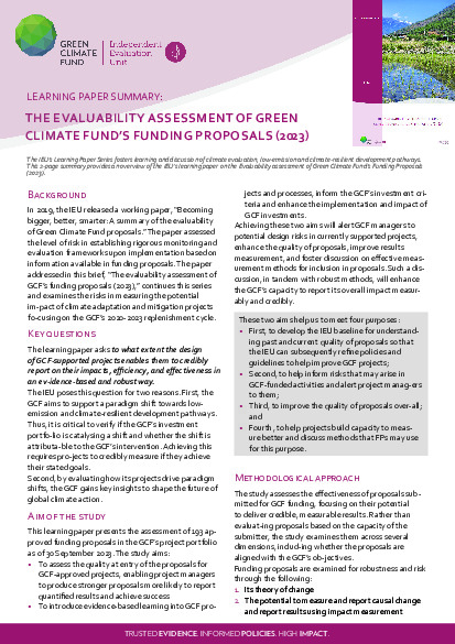 Document cover for Learning Paper Summary: The Evaluability Assessment of Green Climate Fund's Funding Proposals (2023)