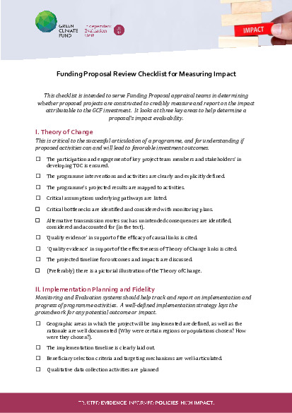Document cover for Funding Proposal Review Checklist for Measuring Impact 