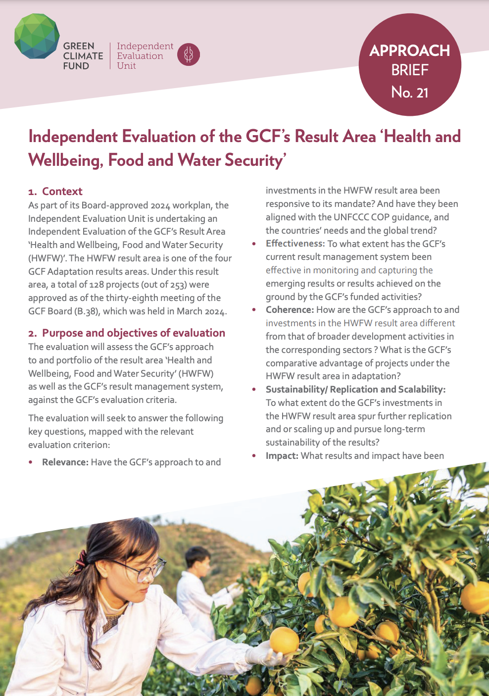 Document cover for Approach Brief: 'Health and Well-being, and Food and Water Security' Result Area (HWFW2024)