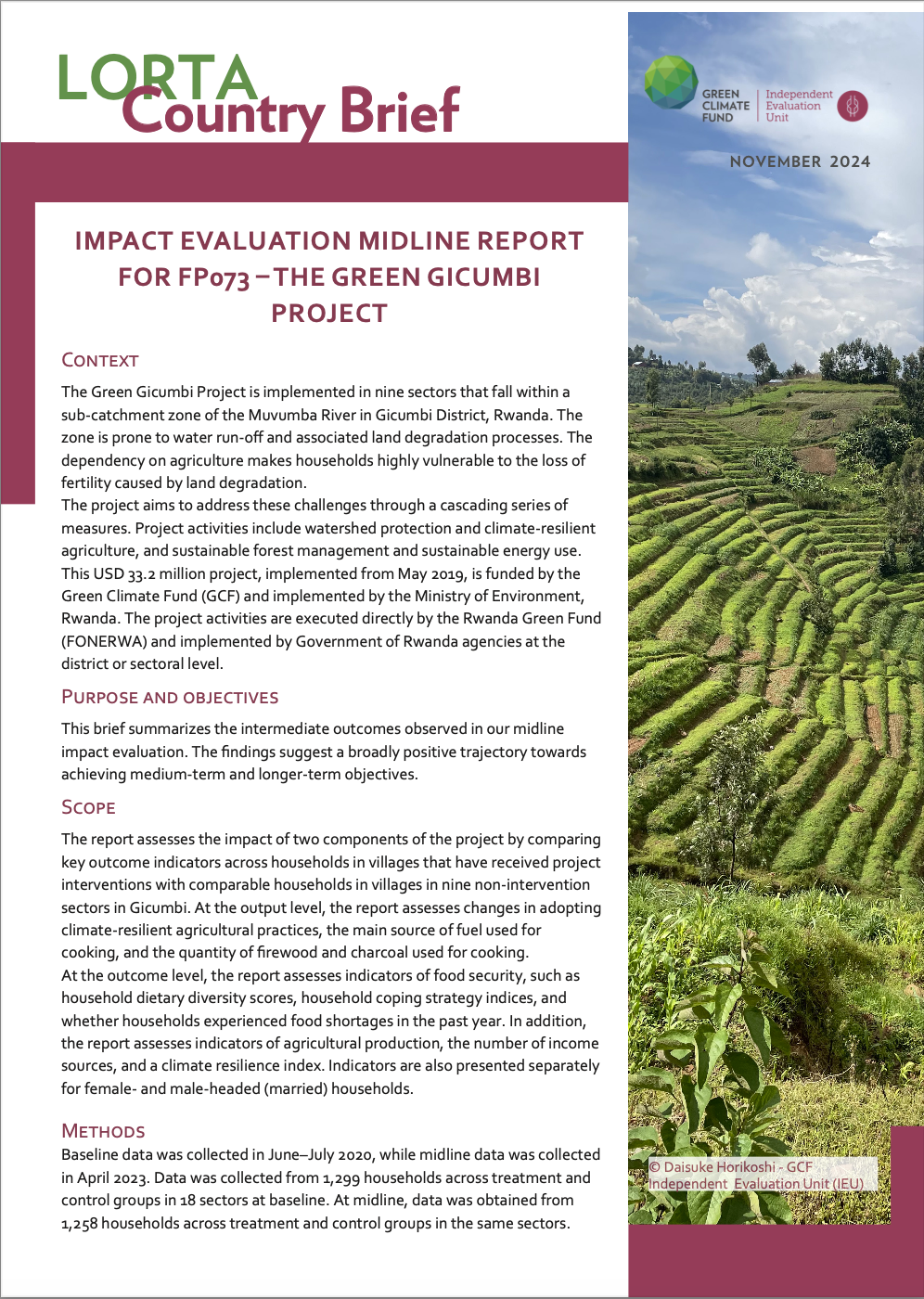 Document cover for LORTA Country Brief: Impact Evaluation Midline Report for FP073 – The Green Gicumbi Project