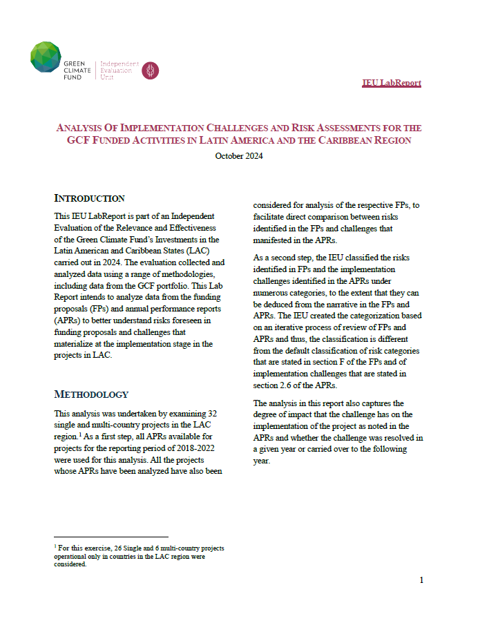 Document cover for IEU LAC Labreport: Analysis of Implementation Challenges and Risk Assessments for the GCF Funded Activities in Latin America and the Caribbean Region