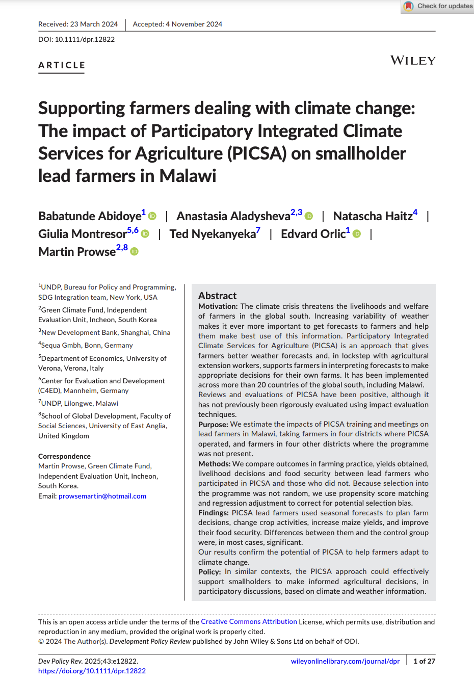 Document cover for Supporting farmers dealing with climate change: The impact of Participatory Integrated Climate Services for Agriculture (PICSA) on smallholder lead farmers in Malawi