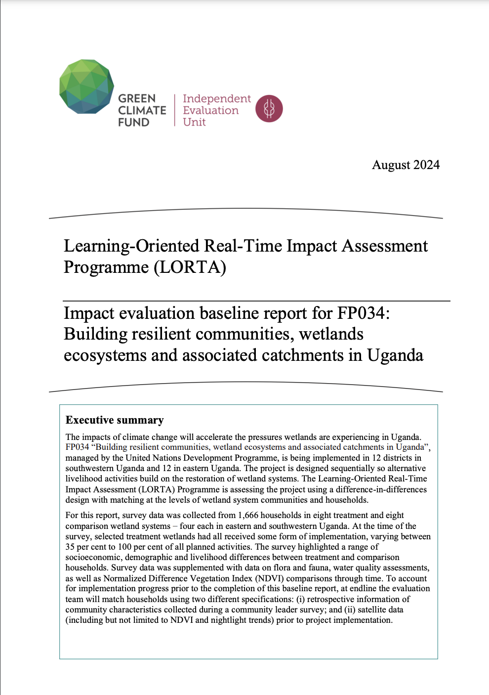 Document cover for Impact evaluation baseline report for FP034: Building resilient communities, wetlands ecosystems and associated catchments in Uganda