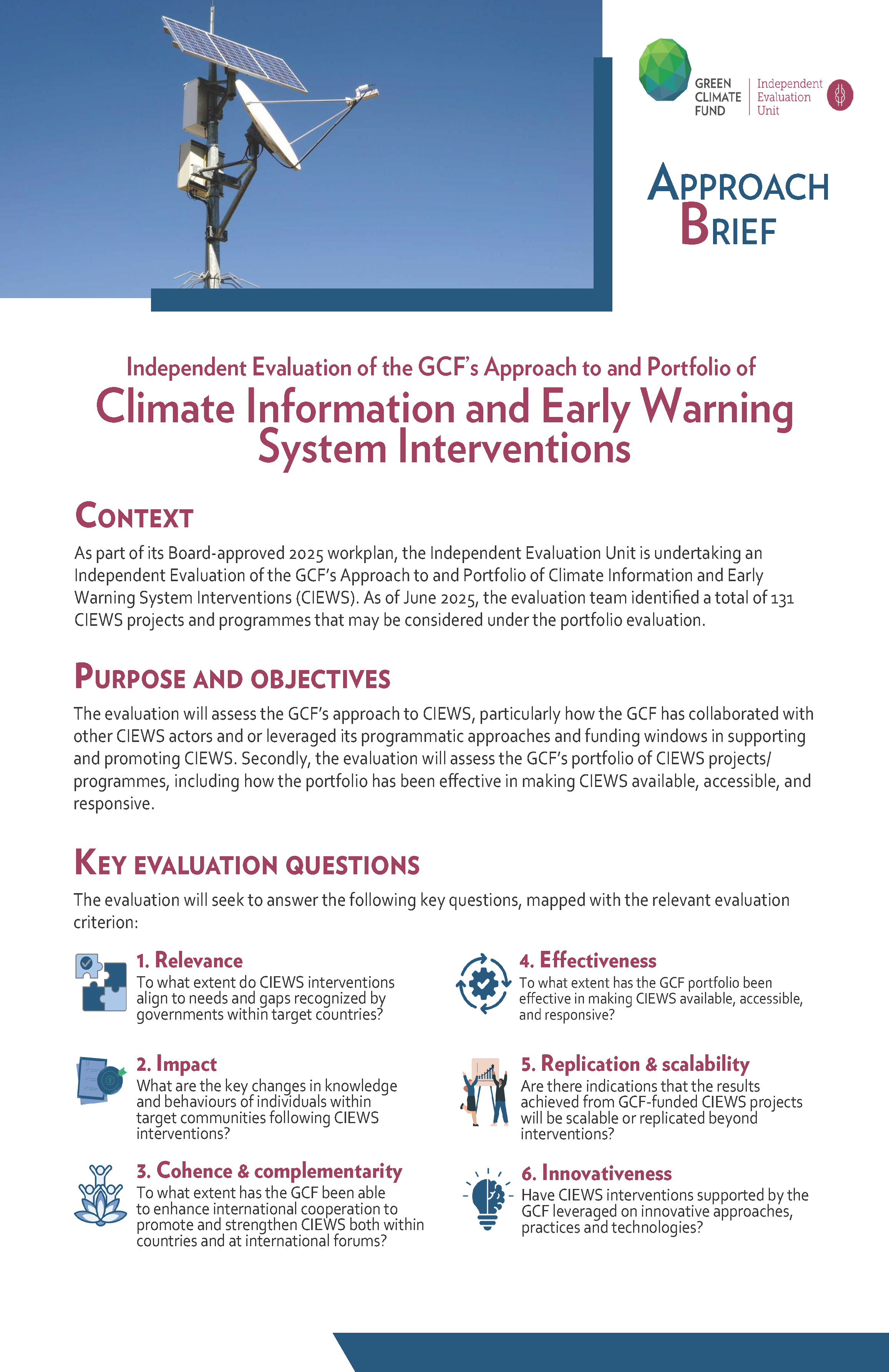 Download Approach Brief: Independent evaluation of the GCF’s approach to and Portfolio of Climate Information and Early Warning System Interventions Document cover for Approach Brief: Independent evaluation of the GCF’s approach to and Portfolio of Climate Information and Early Warning System Interventions