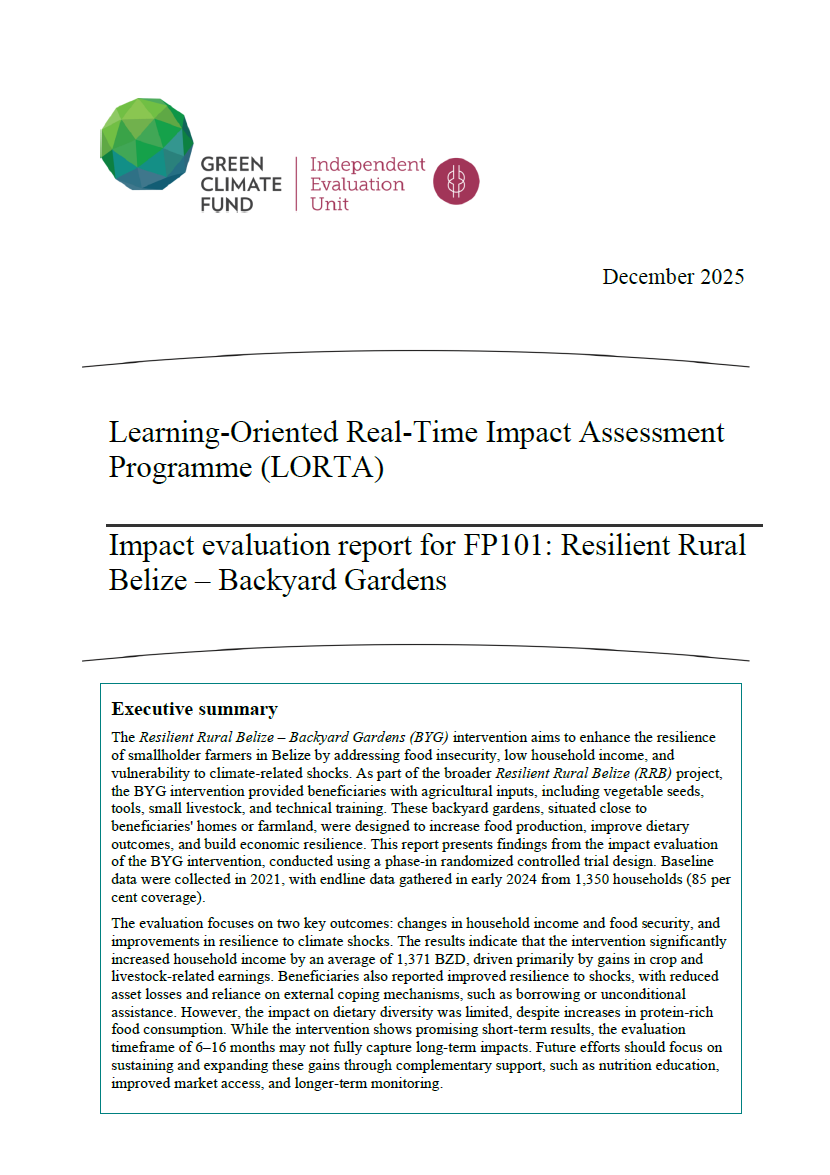 Document cover for Impact evaluation report for FP101: Resilient Rural Belize – Backyard Gardens