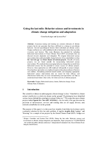 Document cover for  Going the Last Mile: Behavioural Science and Investments in Climate Change Mitigation and Adaptation (presented at Climate2020 Conference)
