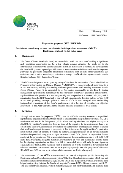 Download Consultancy services to undertake the independent assessment of GCF’s Environmental and Social Safeguards