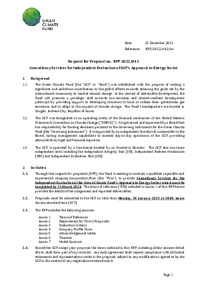 Download RFP 2022/042: Consultancy Services for Independent Evaluation of GCF’s Approach to Energy Sector