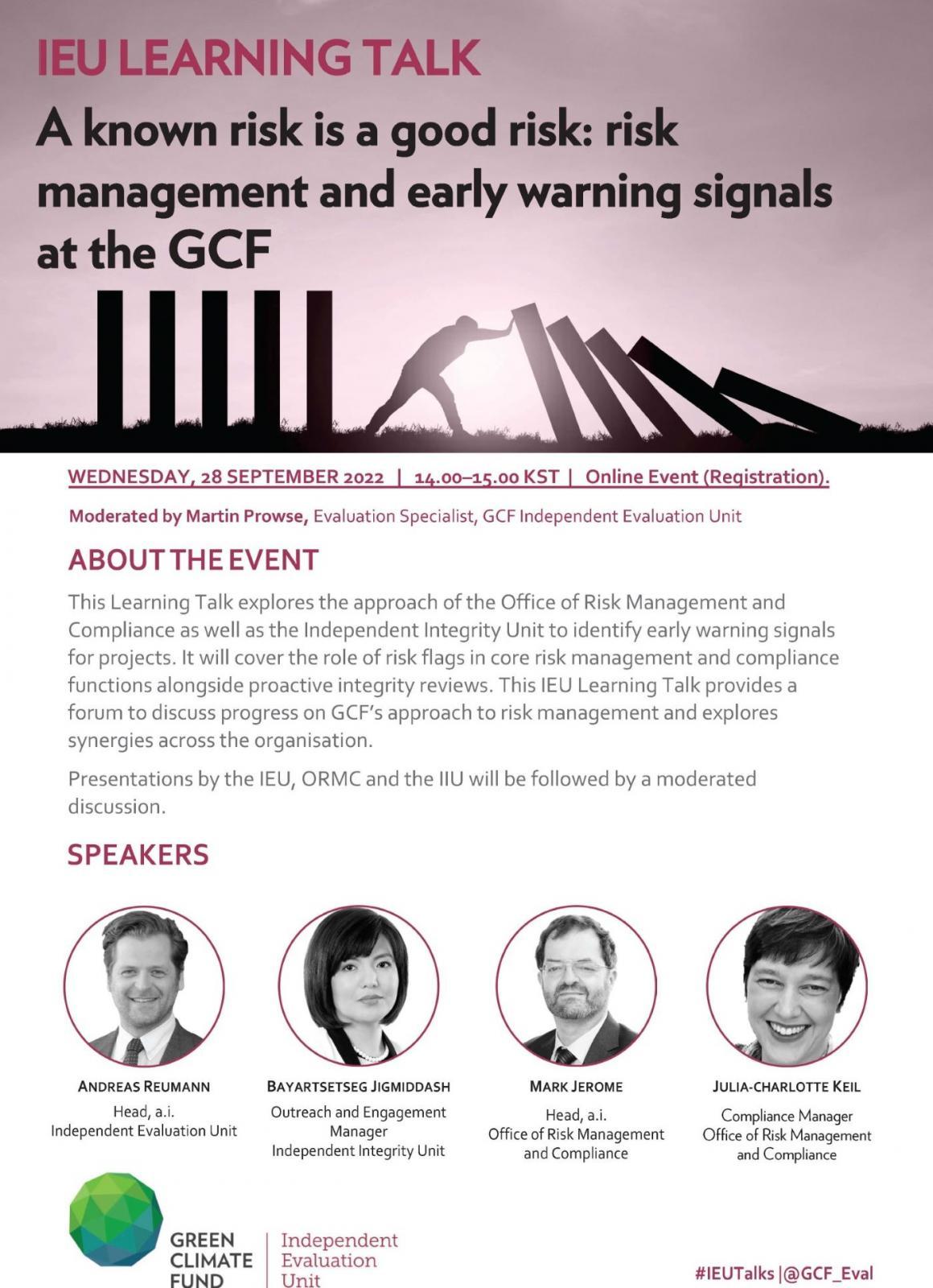 IEU Learning Talk A known risk is a good risk risk management and early warning signals at