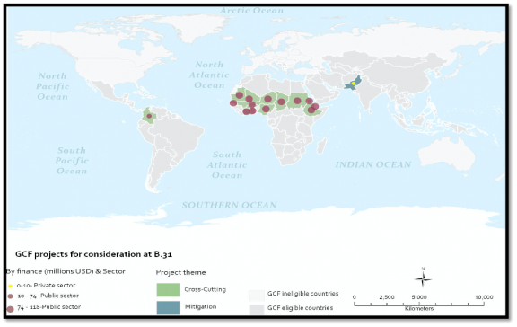Source: GCF/B.31/02, March 2022. Analysis by IEU DataLab. Note²: It shows an assumed equal proportion of funding per country in case of multi-country projects, not the actual funds to be received by individual countries.