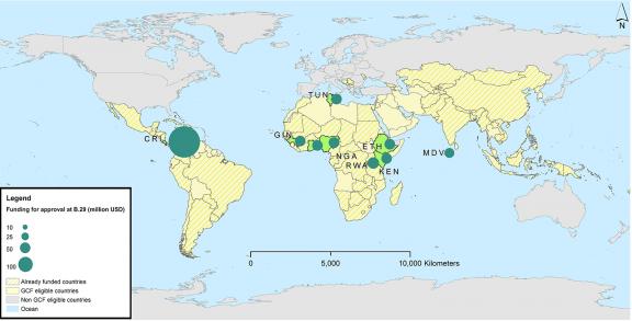 Figure 4. Distribution of countries eligible for GCF funding, already funded, and projects considered at B.29 (Only shows an assumed equal proportion of funding per country for the multi-country project not equivalent to actual funds to be received).