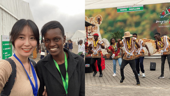 Picture on the left: The author with Ms. Nancy Marangu from the Chemichemi Foundation. Picture on the right: A photo of a Kenyan youth group, in their traditional attire, who performed an excellent dance at the ACW 2023 venue.