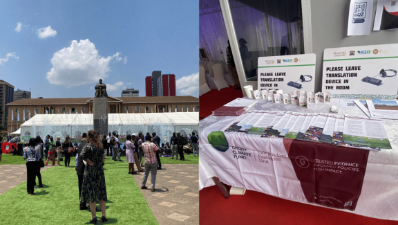 Two pictures by the author taken at the venue of 2023 Africa Climate Week – KICC (Kenyatta International Convention Centre). Get a glimpse of the diverse group of people that attended the 2023 ACW from the picture on the left, which shows a central point of the ACW venue. The picture on the right shows the ‘few’ printed briefs and summaries the author managed to take with her to ACW for better uptake and dissemination of the lessons learned through IEU evaluations. Those few briefs on the table were all taken, within a few minutes, by the enthusiastic audience hungry for synthesized and well-structured information on climate finance and access to finance.
